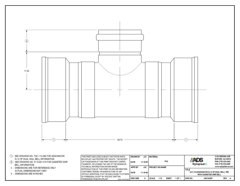 24 x 18 HP Tee with Gasketed SWR Bell Nyloplast Detail