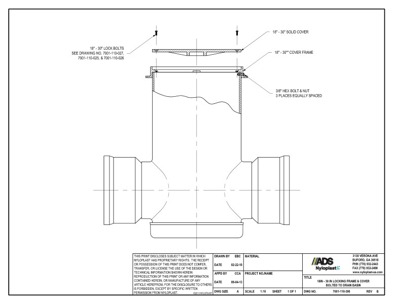 18" - 30" Locking Frame & Cover Bolted to Drain Basin Nyloplast Detail