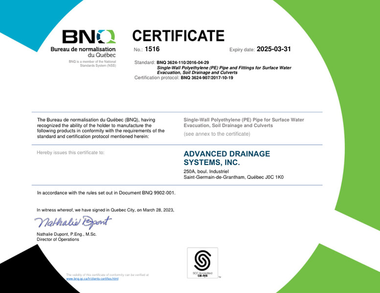 BNQ 3624-907 Single-Wall Polyethylene Pipe and Fittings CERTIFICATE