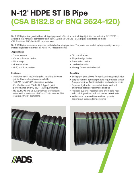 Canada N-12 ST CSA B182.8 or BNQ 3624-120 Product Sheet