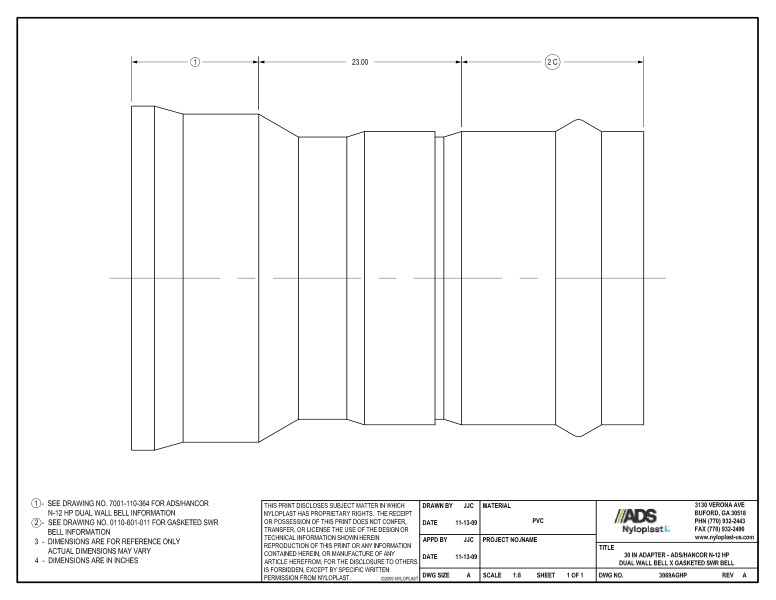 30" Adapter - HP Bell x Gasketed SWR Bell Nyloplast Detail