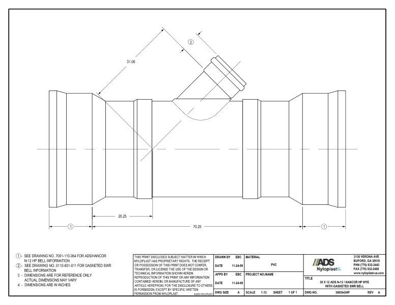 30 x 12 HP Wye with Gasketed SWR Bell Nyloplast Detail