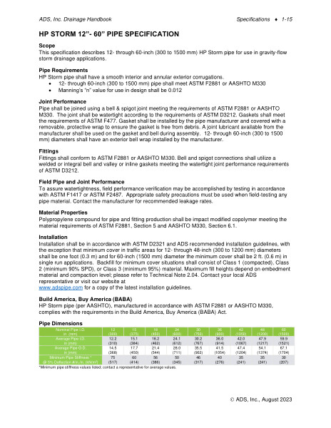 HP Storm Pipe Specification