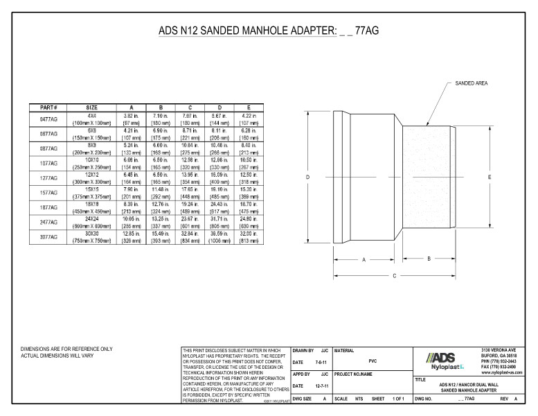 Sanded Manhole Adapter - N-12 Wall Bell x SWR Spigot Nyloplast Detail