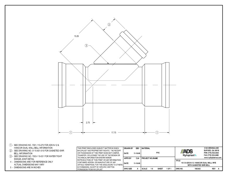 10 x 8 N-12 Dual Wall Wye with Gasketed SWR Bell Nyloplast Detail