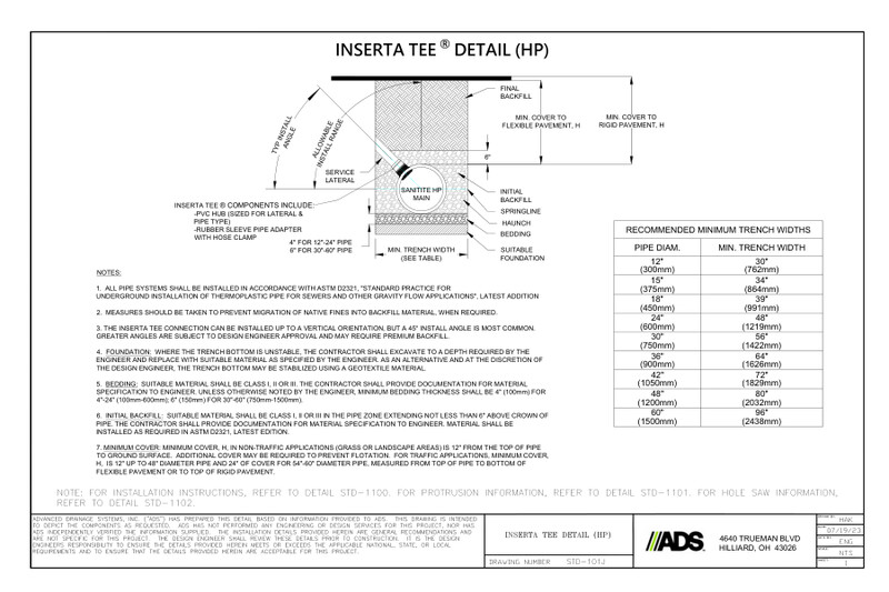 STD 101I - Inserta Tee® Fitting for ADS HP Mainline Detail