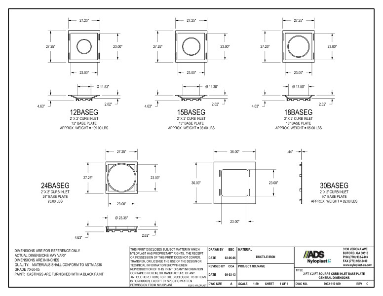 2' x 2' Square Curb Inlet Base Plate General Dimensions Nyloplast Detail