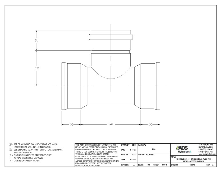 18 x 18 N-12 Dual Wall Tee with Gasketed SWR Bell Nyloplast Detail