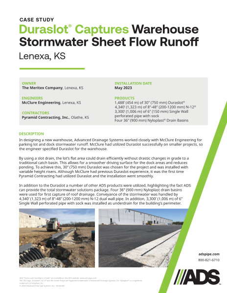 Duraslot Captures Warehouse Stormwater Sheet Flow Runoff