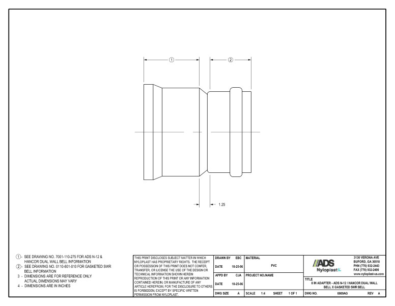 8" Adapter - N-12 Dual Wall Bell x Gasketed SWR Bell Nyloplast Detail