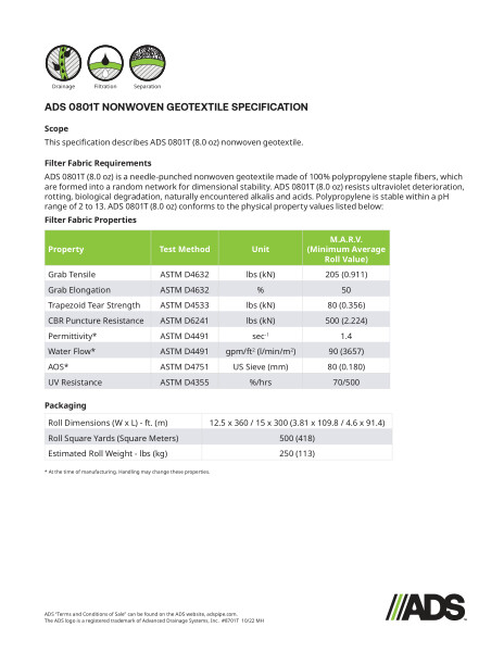 0801T Non-Woven Geosynthetic Specification