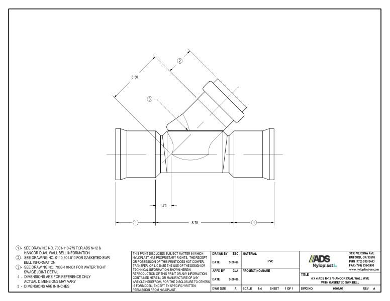 4 x 4 N-12 Dual Wall Wye with Gasketed SWR Bell Nyloplast Detail