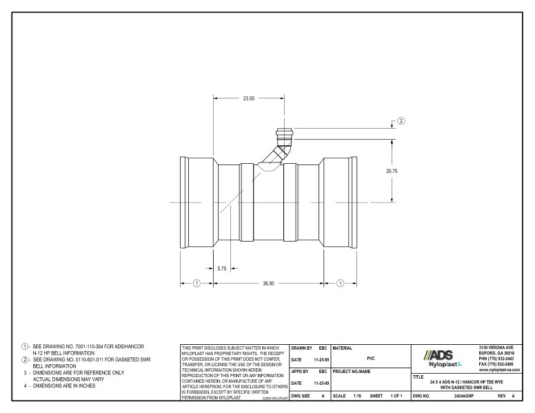 24 x 4 HP Tee Wye with Gasketed SWR Bell Nyloplast Detail