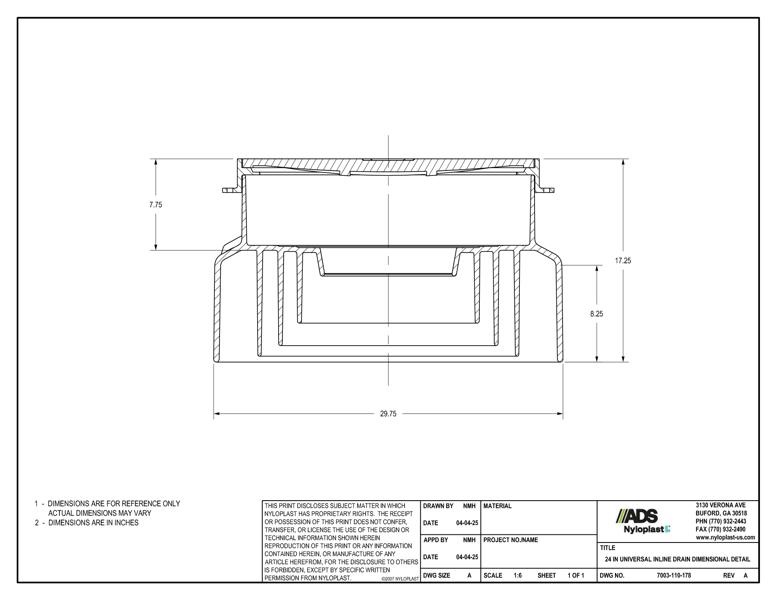 24" Universal Inline Drain Dimensional Nyloplast Detail
