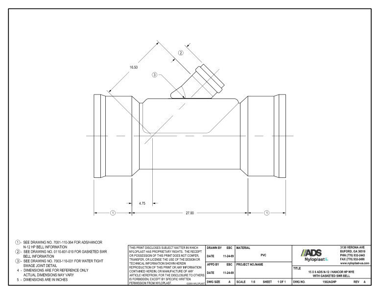 15 x 6 HP Wye with Gasketed SWR Bell Nyloplast Detail