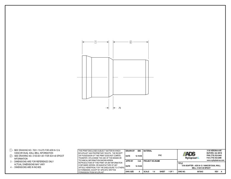 6" Adapter - N-12 Dual Wall Bell x SCH 40 Spigot Nyloplast Detail