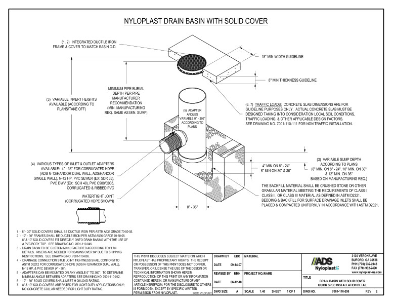 Drain Basin With Solid Cover Quick Spec Installation Nyloplast Detail