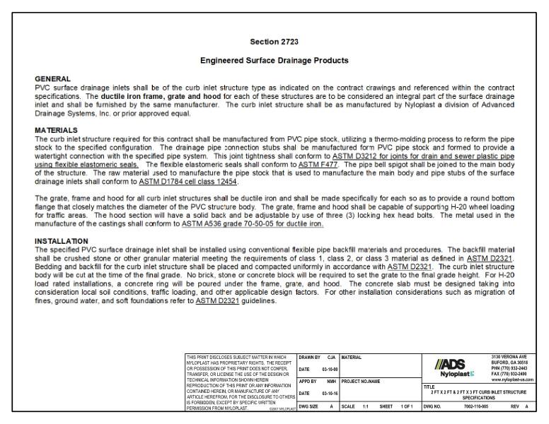 2' x 2' & 2' x 3' Curb Inlet Structure Specifications Detail