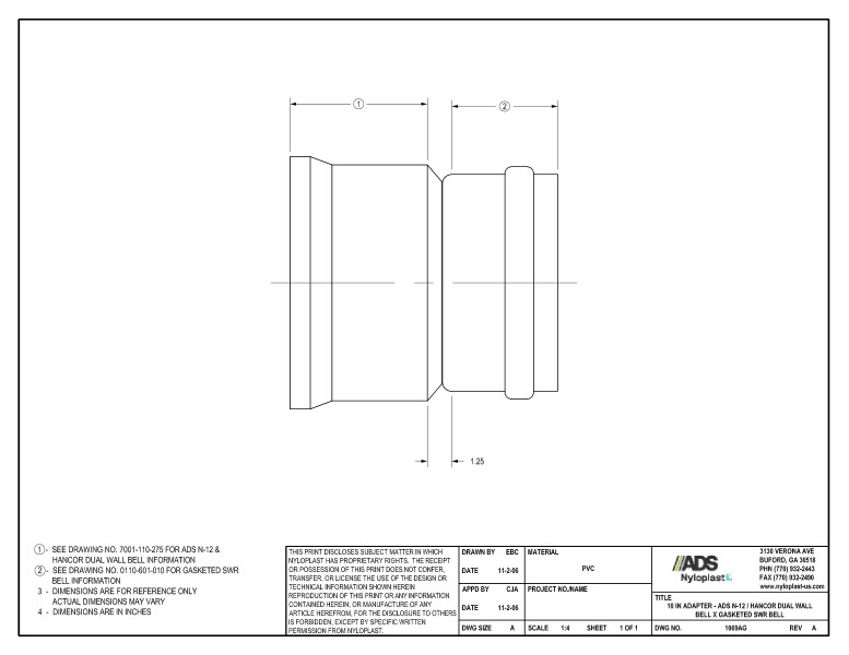 10" Adapter - N-12 Dual Wall Bell x Gasketed SWR Bell Nyloplast Detail