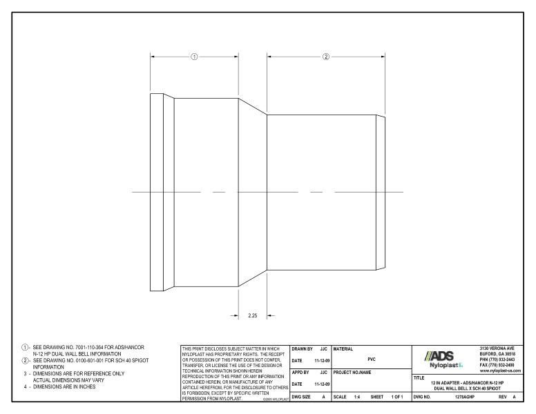 12" Adapter - HP Bell x SCH 40 Spigot Nyloplast Detail