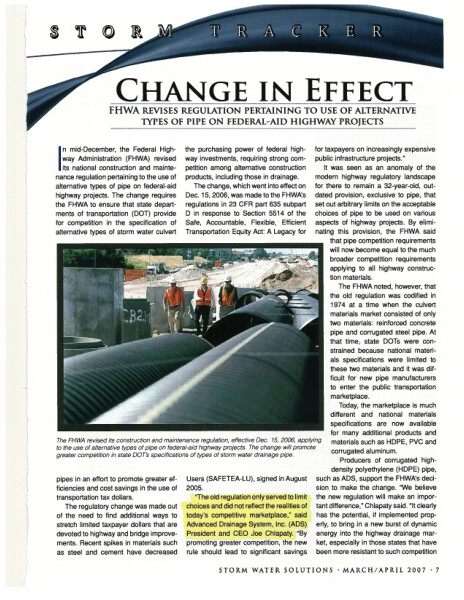 Storm Water Solutions Mar Apr 2007 FHWA Approval of HDPE