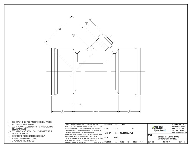 12 x 4 HP Wye with Gasketed SWR Bell Nyloplast Detail