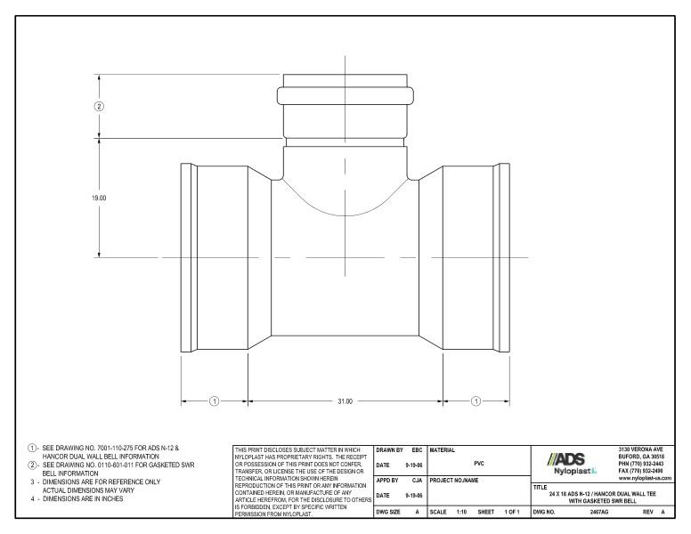 24 x 18 N-12 Dual Wall Tee with Gasketed SWR Bell Nyloplast Detail