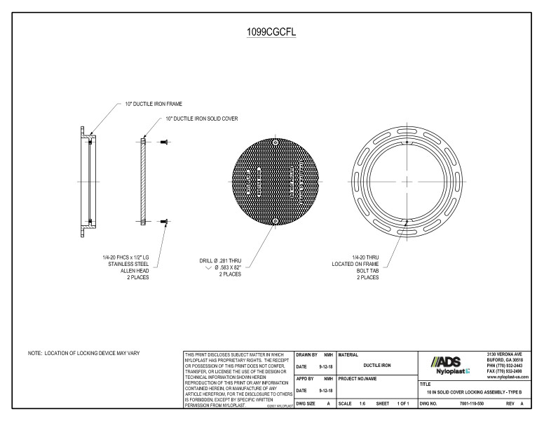 10" Solid Locking Cover Assembly (Drain Basin) Nyloplast Detail