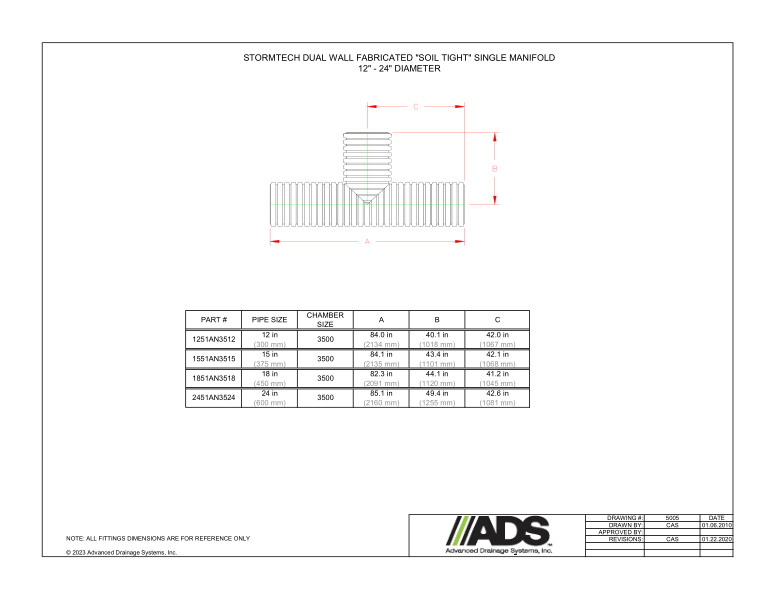 12" - 24" Diameter StormTech Dual Wall Fabricated "Soil Tight" Single Manifold (StormTech Dual Wall HDPE Fittings)