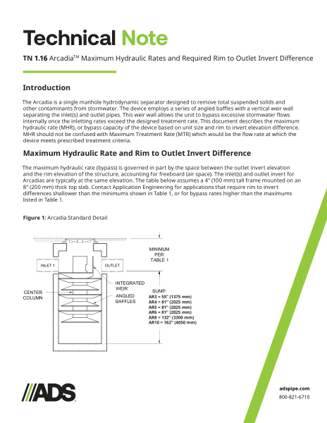 TN 1.16 Arcadia Maximum Hydraulic Rates and Required Rim to Outlet Invert Difference