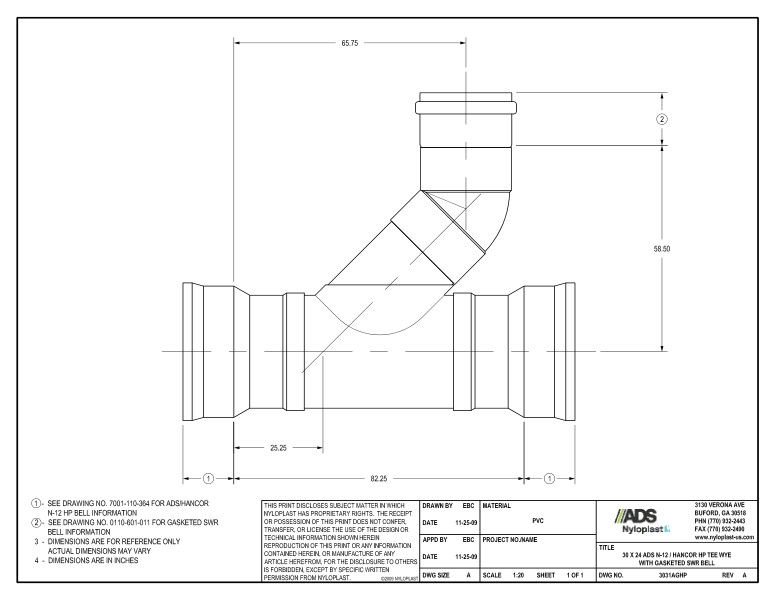 30 x 24 HP Tee Wye with Gasketed SWR Bell Nyloplast Detail