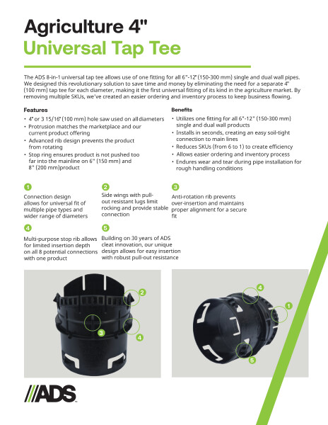 Ag 4 inch Universal Tap Tee Product Sheet