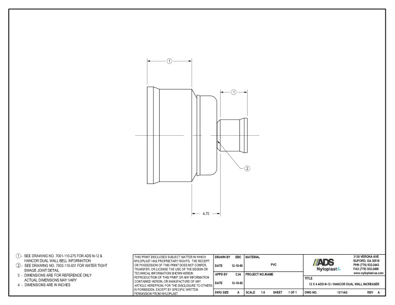 12 x 4 N-12 Dual Wall Increaser Nyloplast Detail