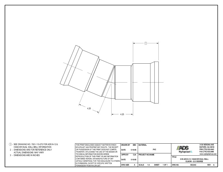 6" N-12 Dual Wall Elbow - 22.5 Degree Nyloplast Detail 