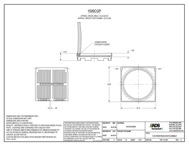 15" Pedestrian Grate Assembly Nyloplast Detail