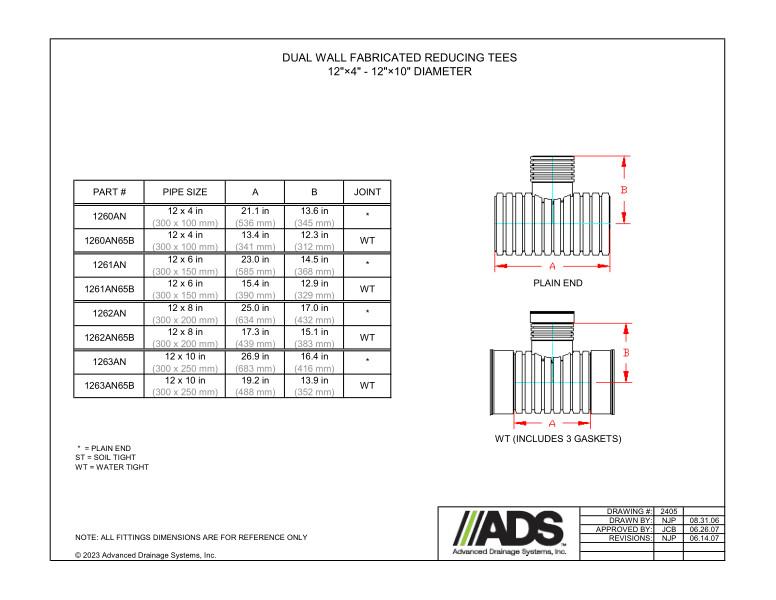 12" x 4" - 12" x 10" Fabricated Reducing Tees (HDPE Dual Wall Fabricated Tees Fittings)