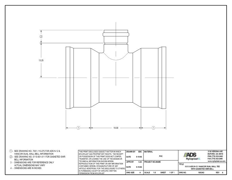 18 x 8 N-12 Dual Wall Tee with Gasketed SWR Bell Nyloplast Detail