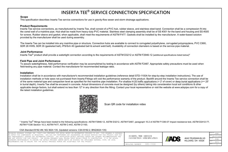 STD-1100 - Inserta Tee® Fitting Service Connection Specification Detail