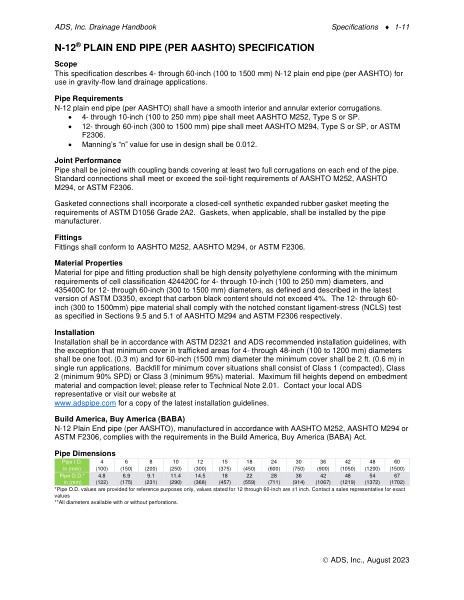 N-12 Plain End (per AASHTO) Specification