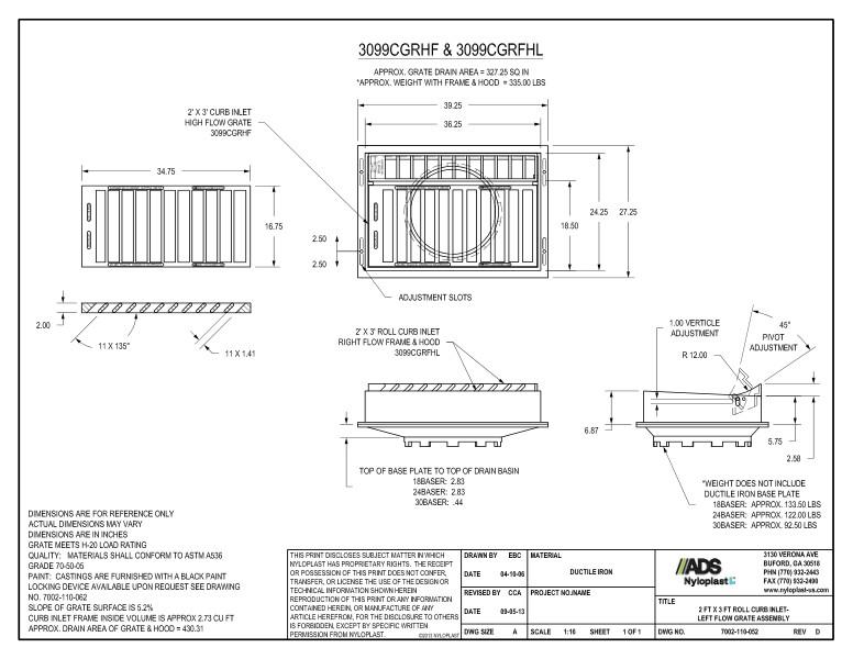 2' x 3' Roll Curb Inlet - Left Flow Grate Assembly Nyloplast Detail