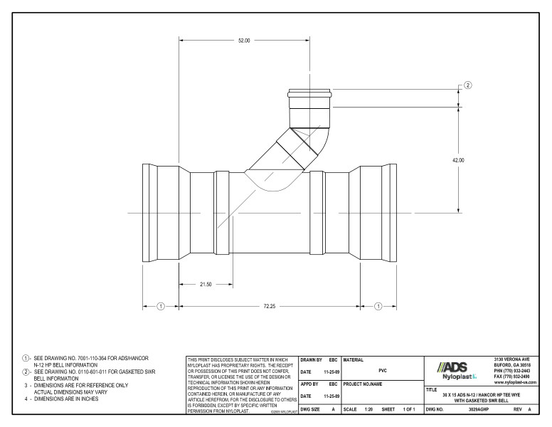 30 x 15 HP Tee Wye with Gasketed SWR Bell Nyloplast Detail