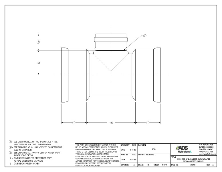 12 x 8 N-12 Dual Wall Tee with Gasketed SWR Bell Nyloplast Detail