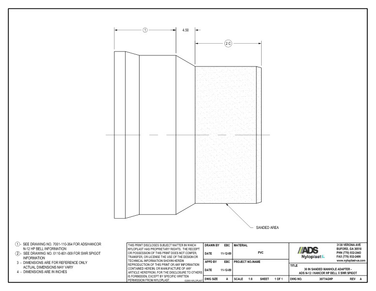 30" Sanded Manhole Adapter - HP Bell x SWR Spigot Nyloplast Detail