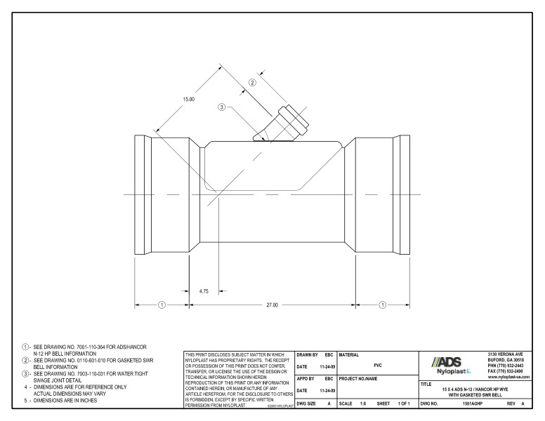 15 x 4 HP Wye with Gasketed SWR Bell Nyloplast Detail