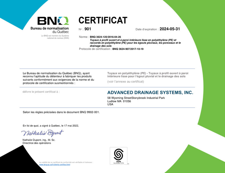 BNQ 3624-907 Smooth Inside Wall Polyethylene Pipe and Fittings CERTIFICATE