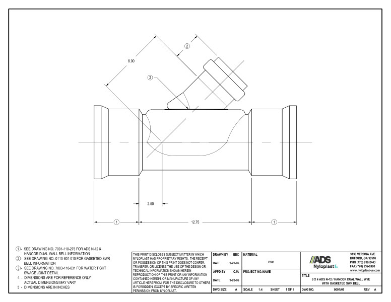 6 x 4 N-12 Dual Wall Wye with Gasketed SWR Bell Nyloplast Detail