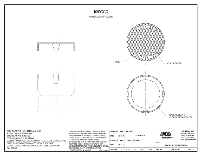 10" Solid Cover Assembly (Inline Drain) Nyloplast Detail