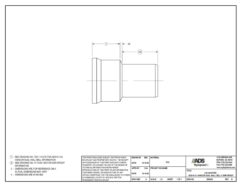 6" Adapter - N-12 Dual Wall Bell x SWR Spigot Nyloplast Detail