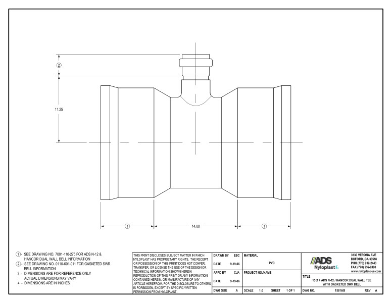 15 x 4 N-12 Dual Wall Tee with Gasketed SWR Bell Nyloplast Detail