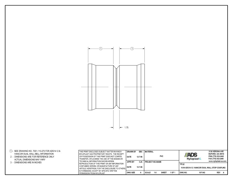 10" N-12 Dual Wall Stop Coupling Nyloplast Detail